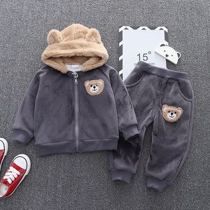 BABY 2PCS CARTOON BEAR 3D EARS FLEECE LONG-SLEEVE HOODED COAT AND TROUSER SET